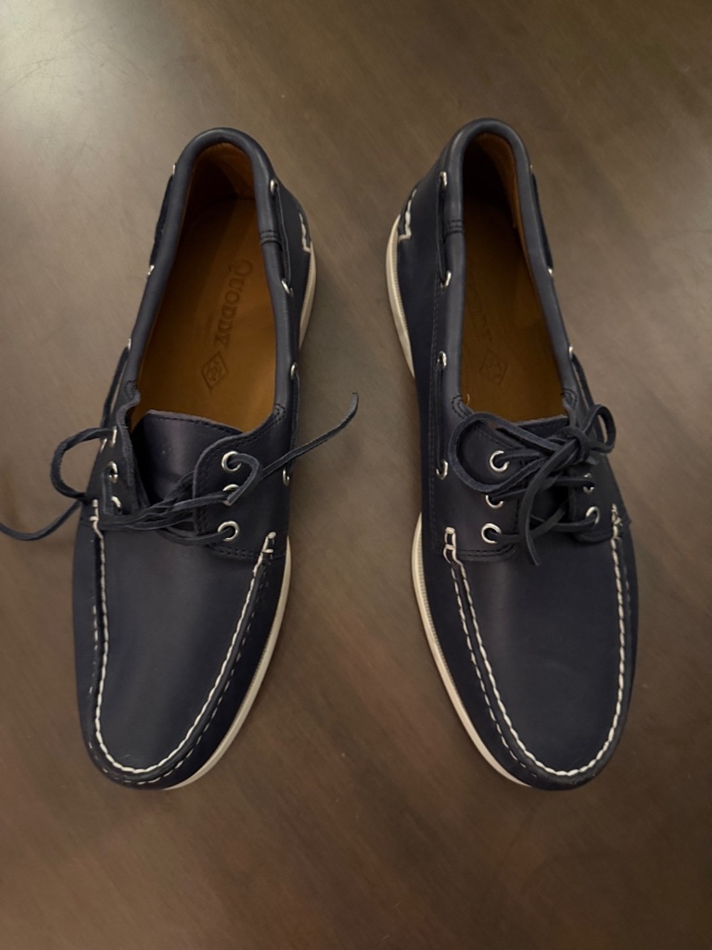 Quoddy Navy Leather Handsewn Boat Shoes with White Stitching